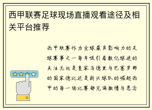 西甲联赛足球现场直播观看途径及相关平台推荐