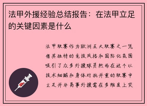 法甲外援经验总结报告：在法甲立足的关键因素是什么